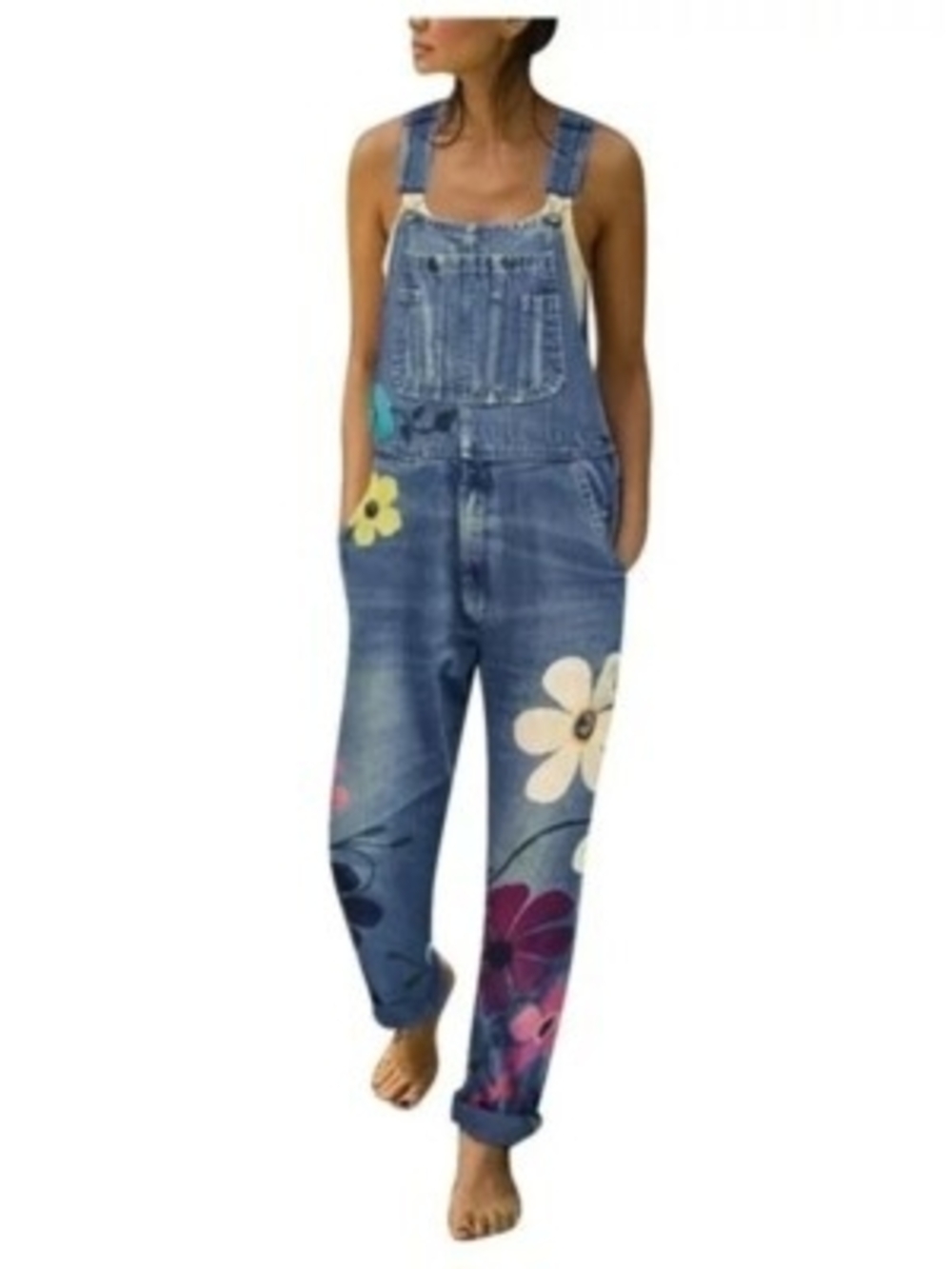 MISSLOOK Blue Floral Denim Overalls with Painted Flower Accents